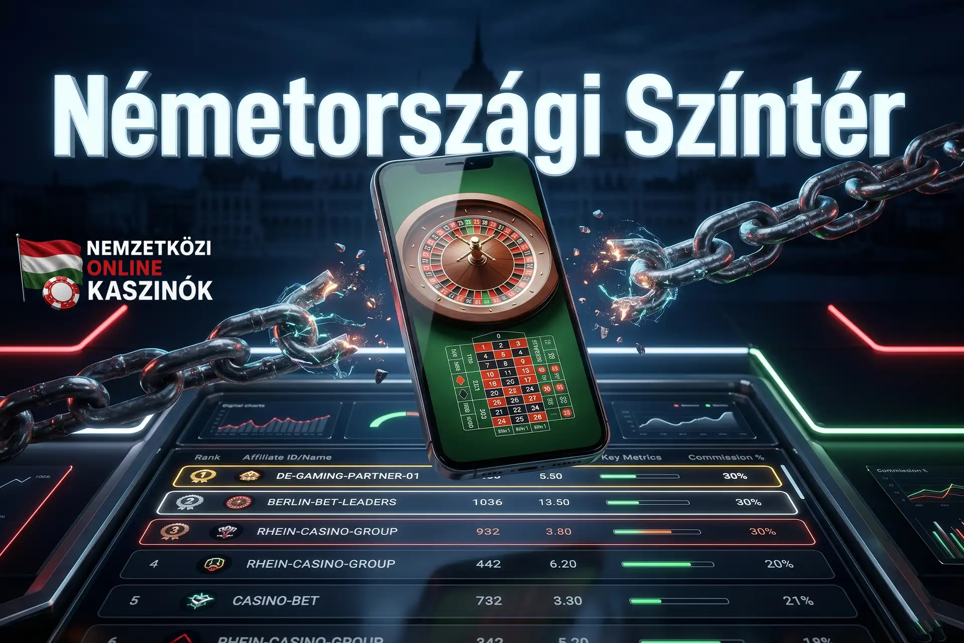 Okostelefon rulettel és kinyíló digitális biztonsági láncokkal, Németországi Színtér felirattal.