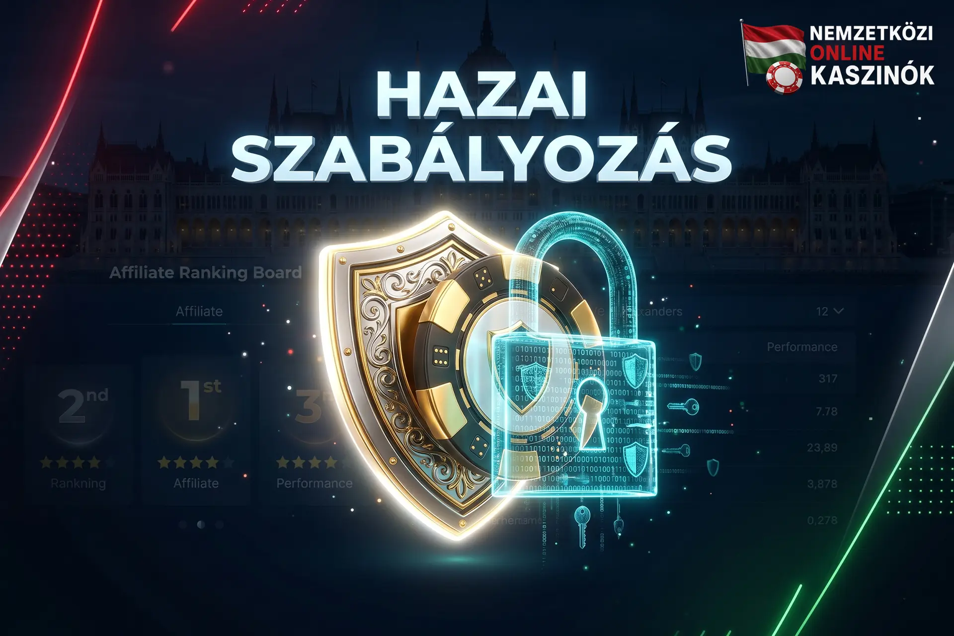 Világító 3D biztonsági pajzs és lakat kaszinó zsetonnal, Hazai Szabályozás felirattal.