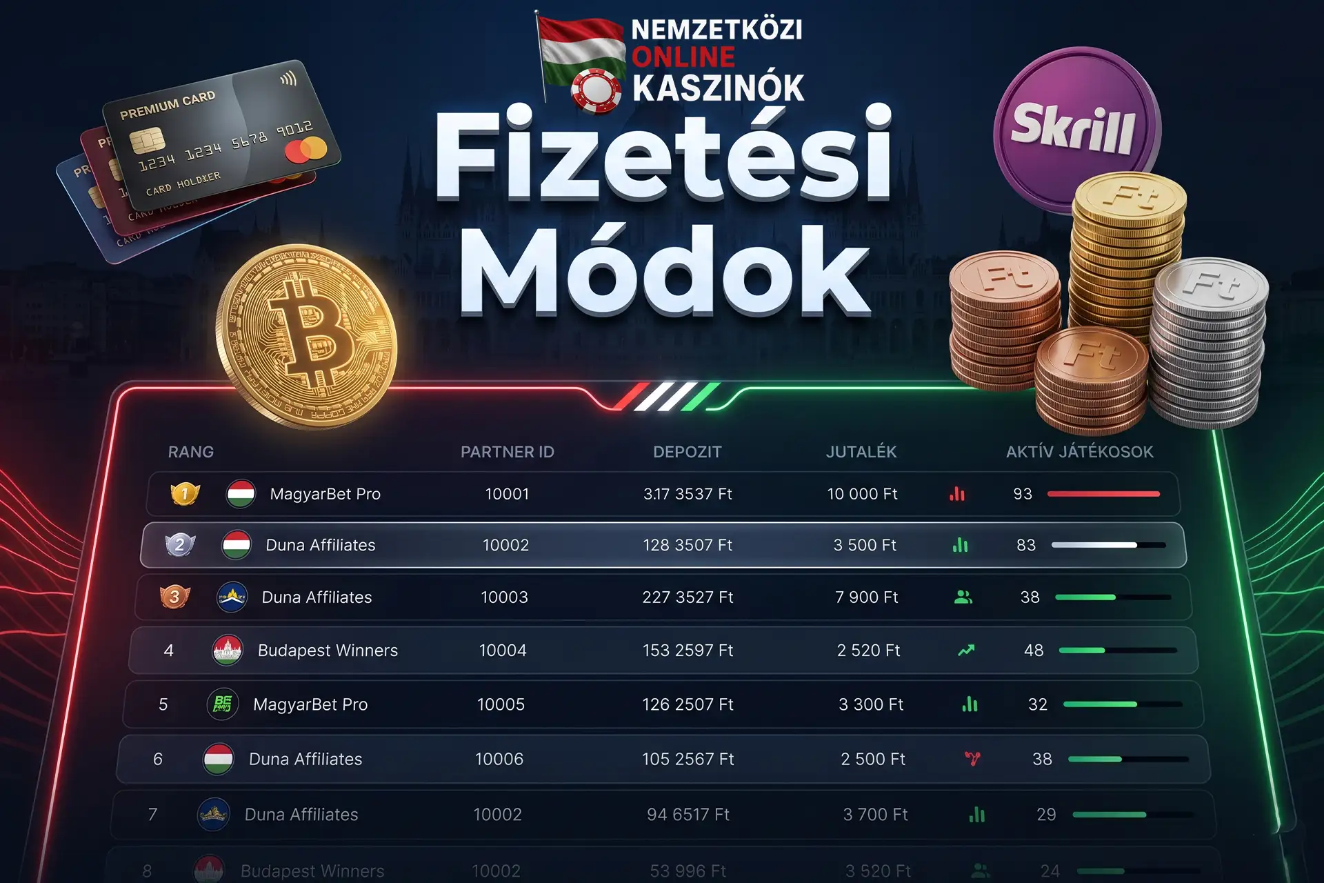 Lebegő hitelkártyák, Bitcoin és forint érmék Fizetési Módok felirattal.