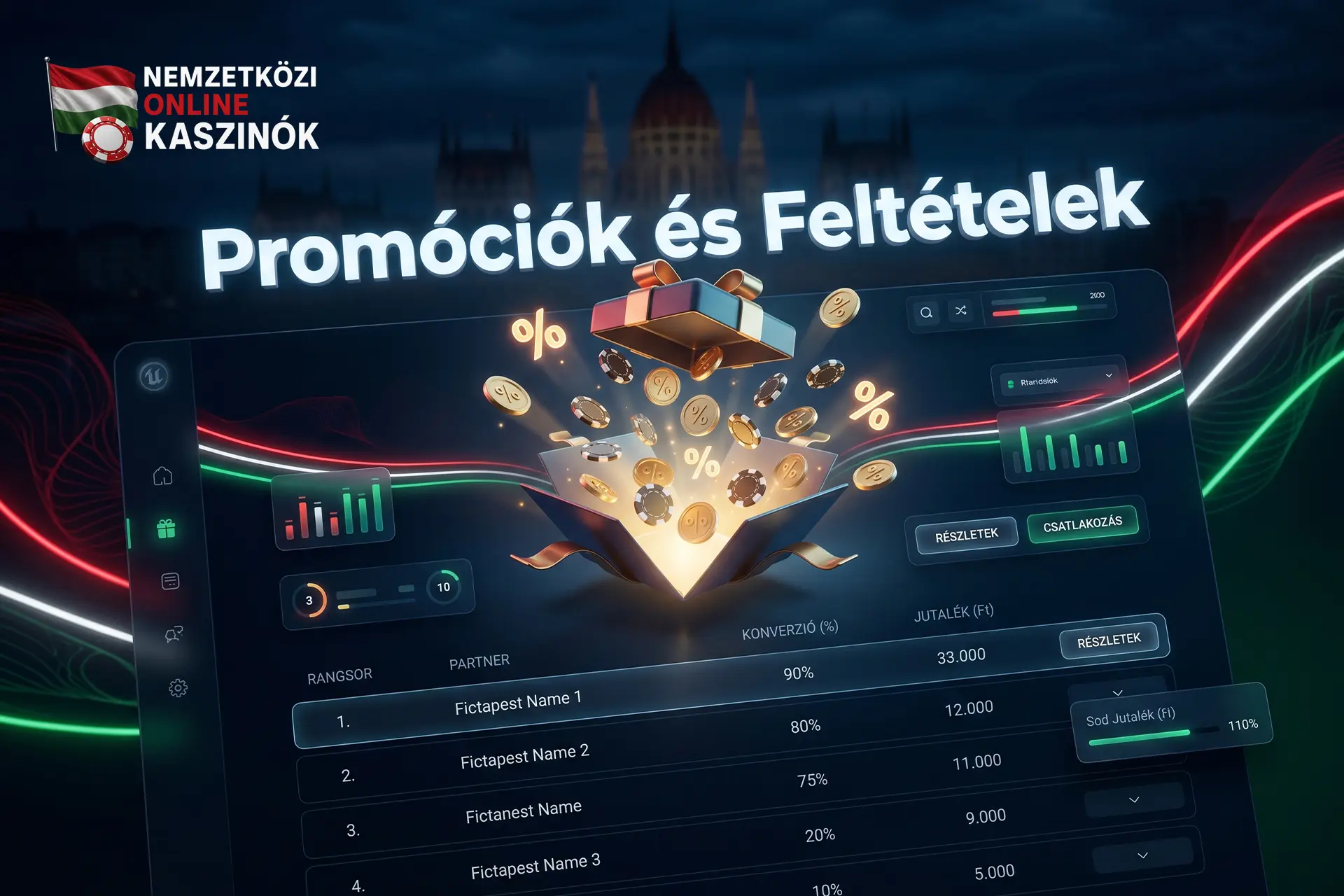 Felnyíló 3D ajándékdoboz aranyérmékkel és Promóciók és Feltételek felirattal.